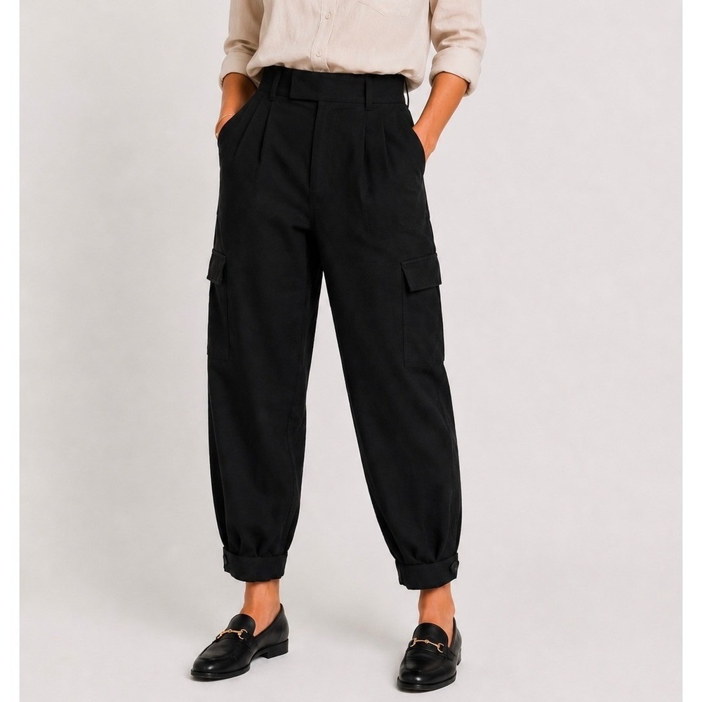 Banana Republic Cargo Pants Size 10 Petite Black Linen Blend Pleated Utility